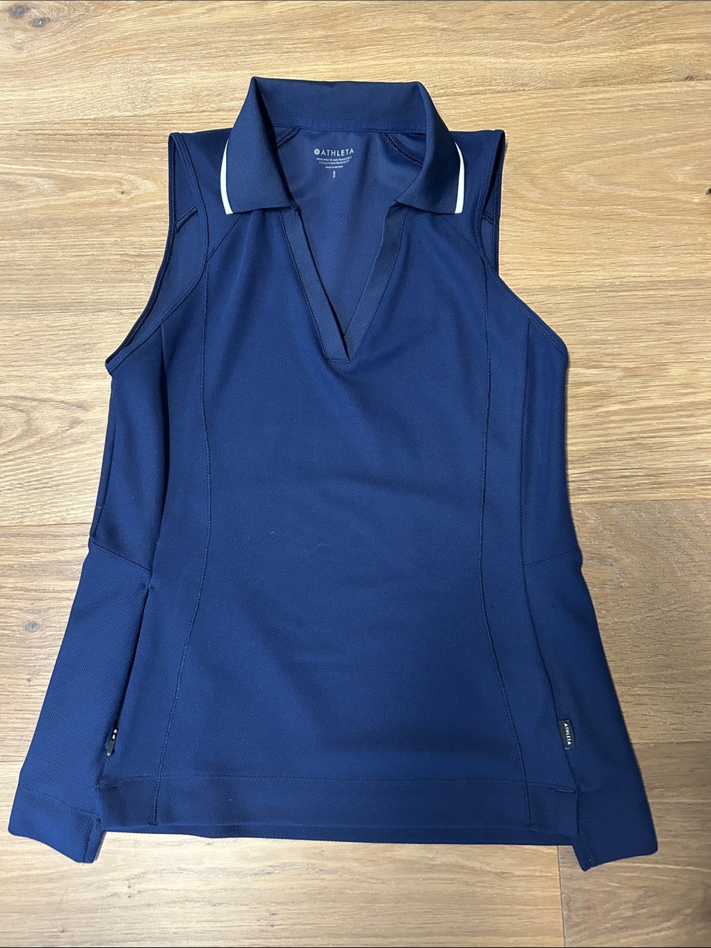 Athleta Navy Sleeveless Polo Tank with White Collar Trim